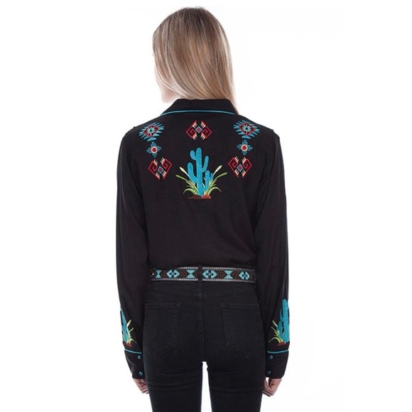 Scully Women Cactus Embroidered Pearl Snap Western Shirt Sz S Black Long Sleeve - Picture 3 of 12